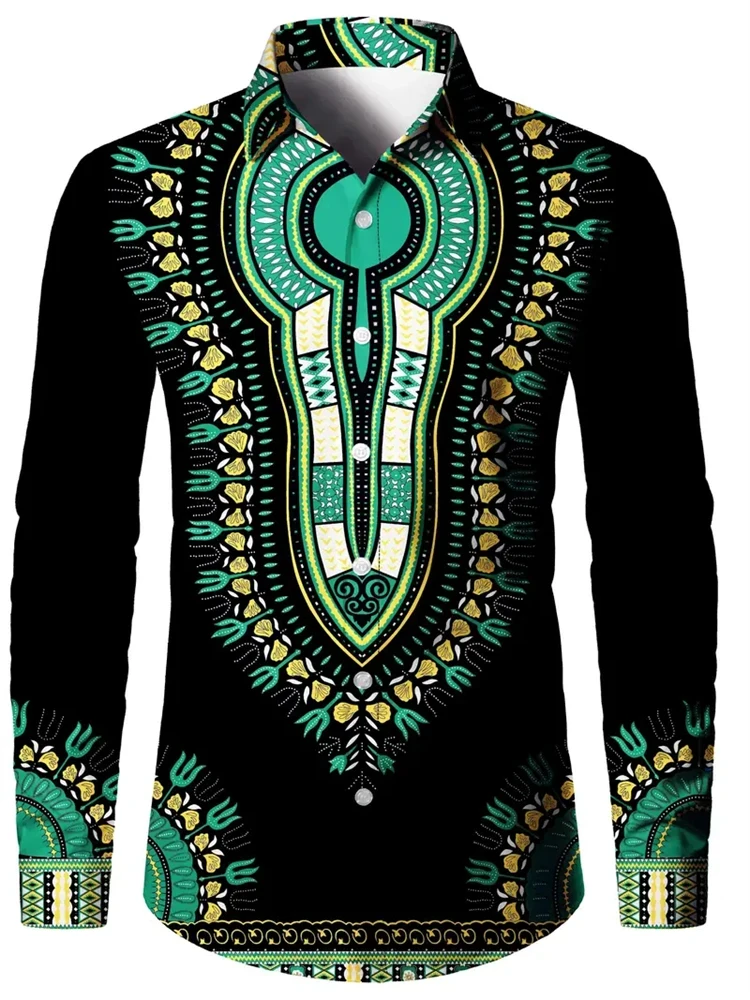 New Retro Men's Lapel Shirt Men's Exquisite Ethnic Print Slim Shirt New Fall Fashion Office Long-sleeved Blouse Elegant Shirt