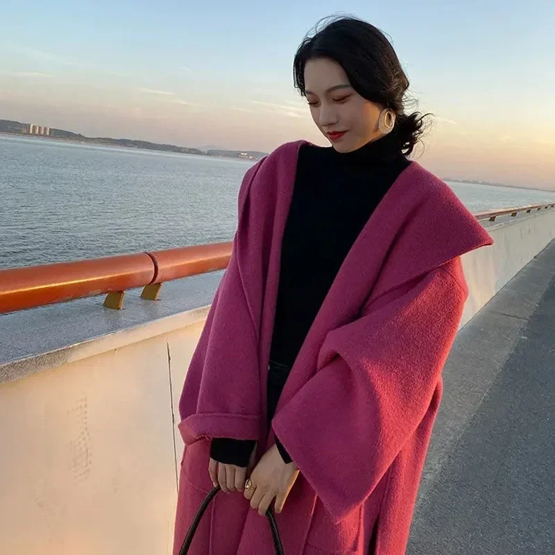 2024 Winter New Women Loose Hooded Warm Woolen Long Below The Knee Coats Female Elegant Solid Color Outwear Oversize Streetwear - Afbeelding 3