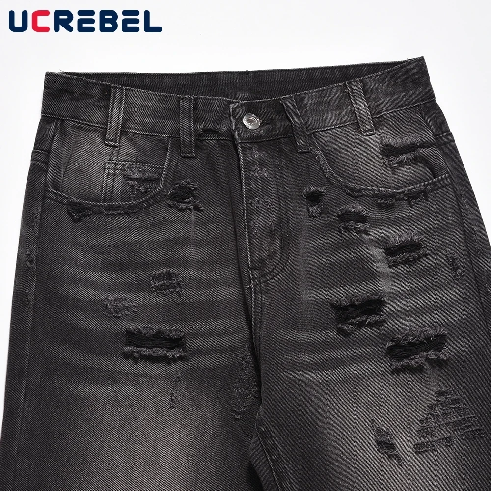 Retro Washed Black Ripped Hole Jeans Mens High Street Raw Edge Straight-leg Flared Pants Men - Afbeelding 3