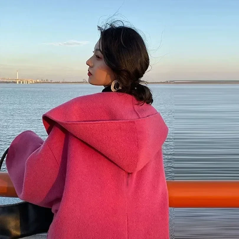 2024 Winter New Women Loose Hooded Warm Woolen Long Below The Knee Coats Female Elegant Solid Color Outwear Oversize Streetwear - Afbeelding 4