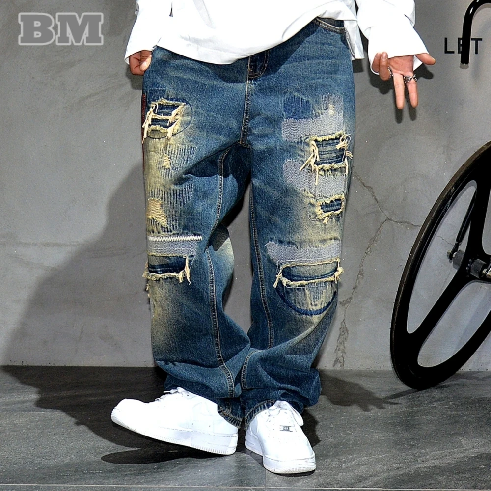 American Streetwear Ripped Patch Jeans Hip Hop Baggy Jeans Mens Clothing Vintage Denim Cargo Pants Japanese Harajuku Trousers