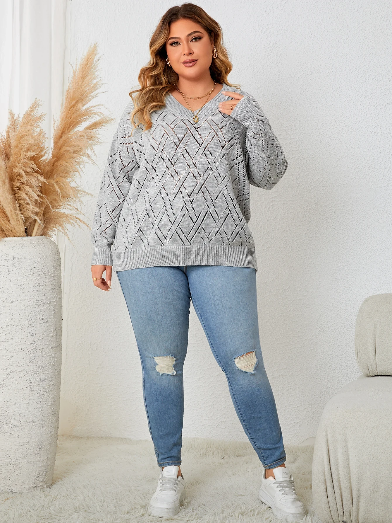 Spring Autumn Fashion Korean Style Casual Knitting Top Gray Long Sleeve V Neck Elegant Women's Plus Size Clothing Party Sweater - Afbeelding 3