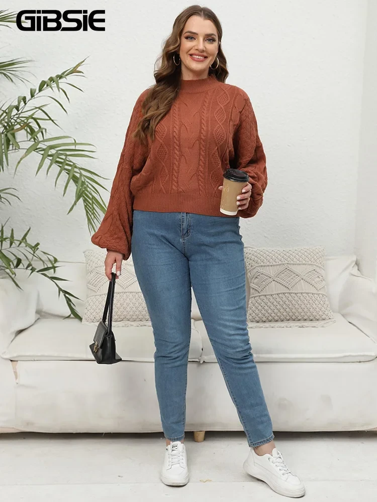 GIBSIE Plus Size Womens Short Sweaters Autumn Winter 2025 Causal Mock Neck Lantern Long Sleeve Pullover Knitted Sweater Tops - Afbeelding 6
