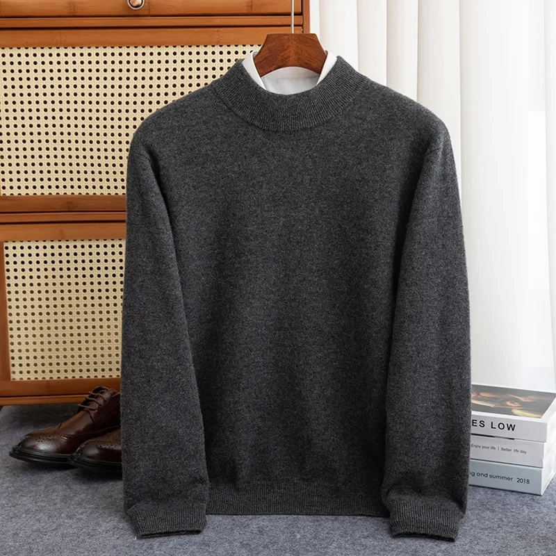Autumn and winter 100% pure wool men's padded half-height slim bottoming pullover long-sleeved knitted cashmere sweater - Afbeelding 10