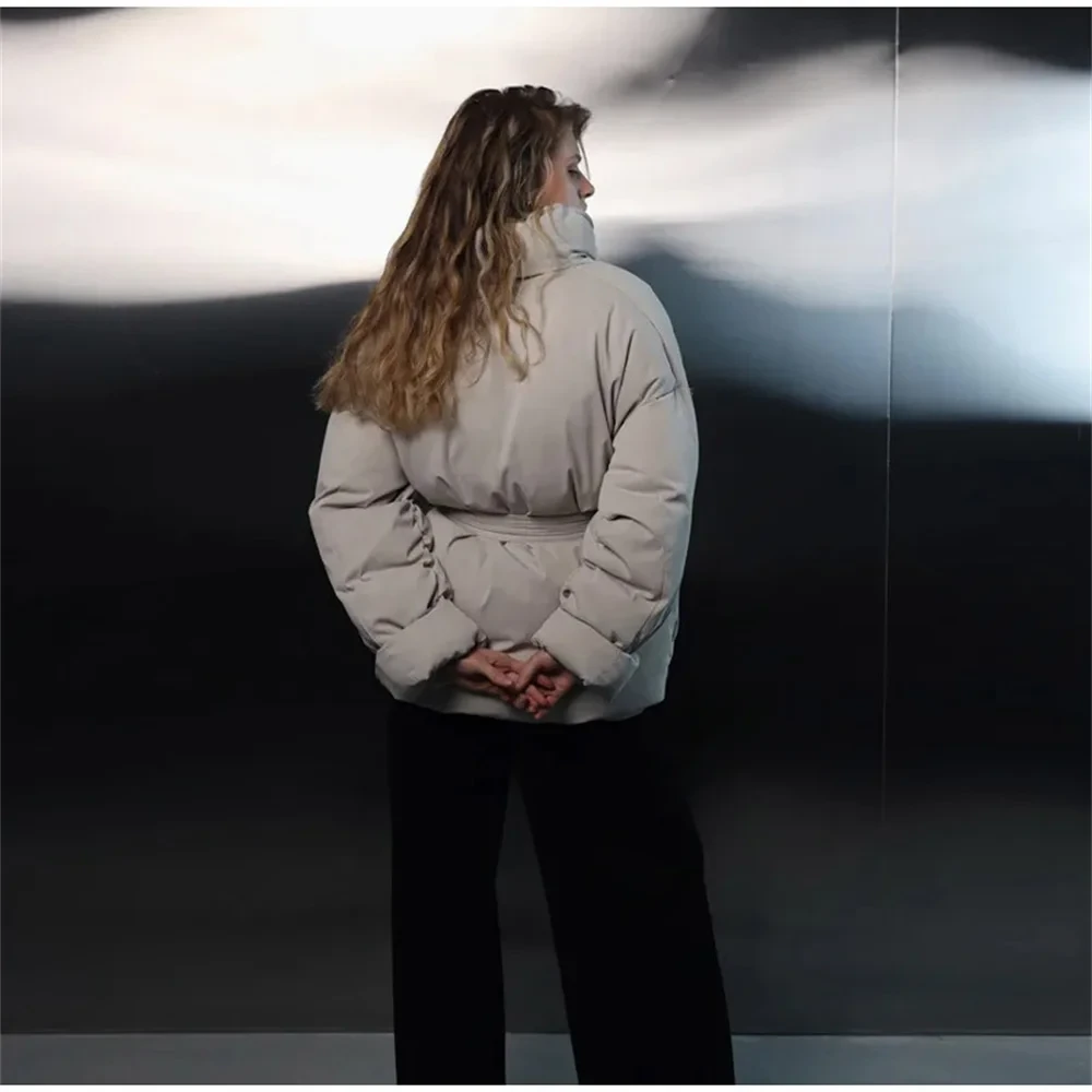 Elegant Wine Red Belt Cotton Padded Coat Women Winter Solid Stand Collar Long Sleeve Thicken Jacket Office Lady Commuter Outwear - Afbeelding 6