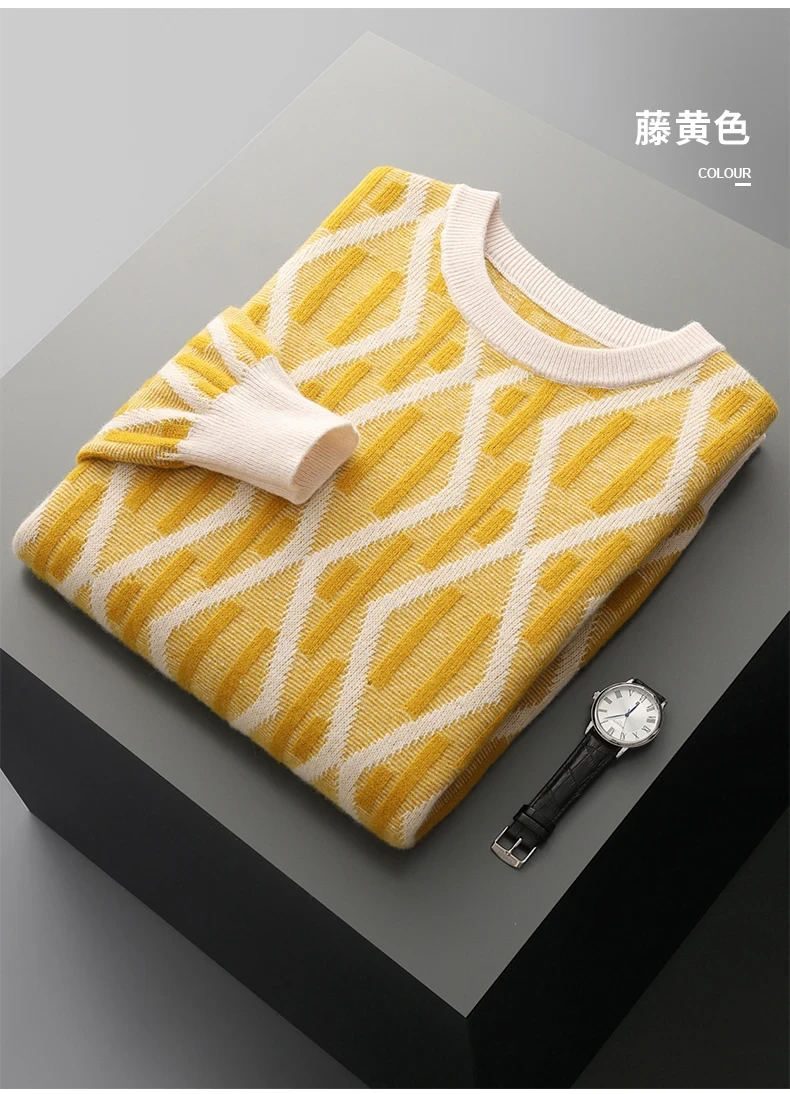 Men's 100% merino wool autumn and winter new round neck cashmere pullover thickened warm solid color high-end sweater long sleev - Afbeelding 10