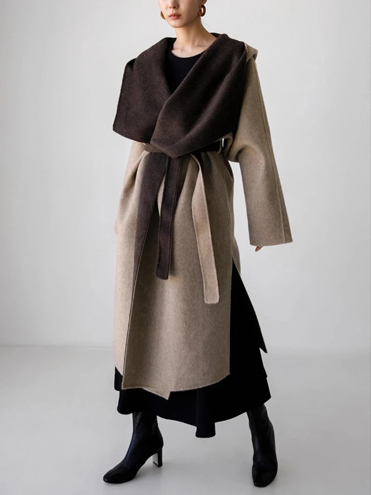 Kantoor Dame Hooded Wollen Jassen 2024 Herfst En Winter Badjas Stijl Losse relaxt Vetersluiting Stropdas Dames Lange Wollen Jassen - Afbeelding 2