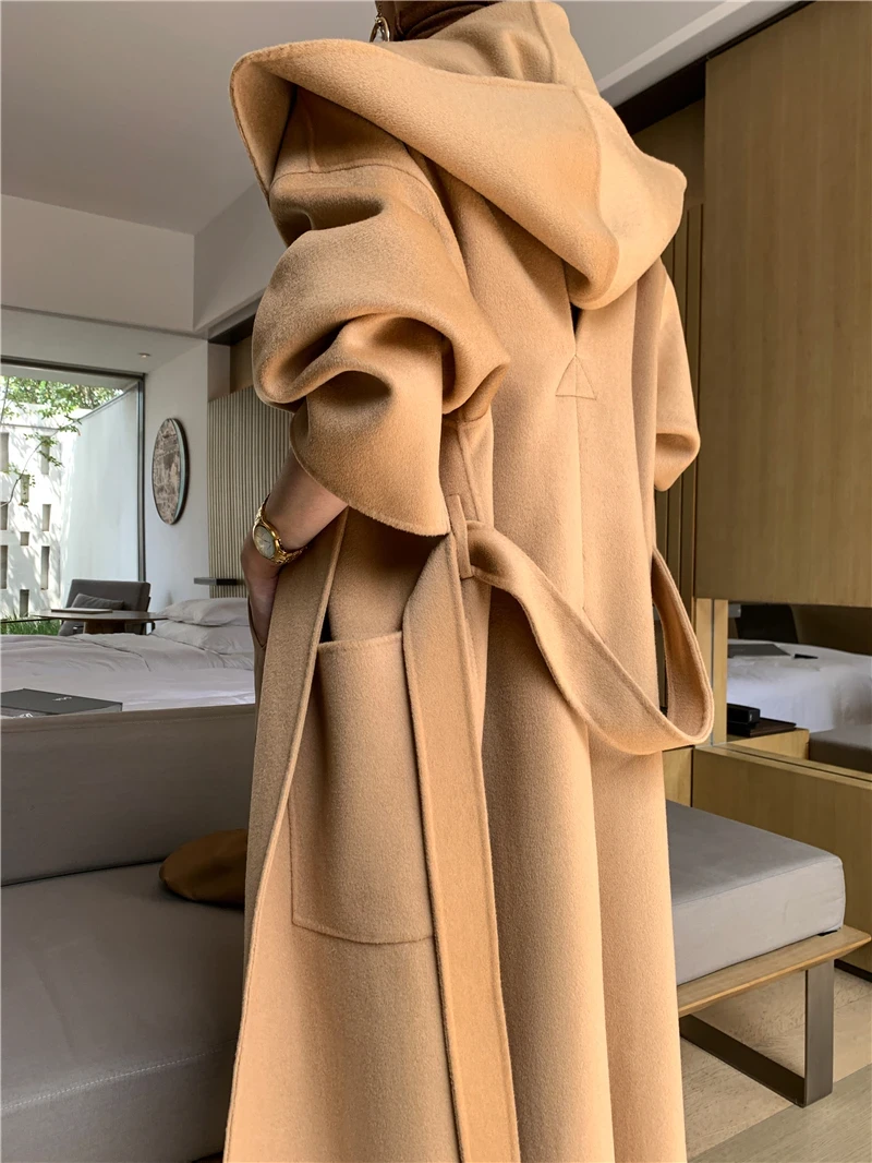 Vintage elegante dubbelzijdige kasjmier jas dames herfst winter 2023 nieuwe hoge kwaliteit capuchon verdikte grote maat losse wollen jas - Afbeelding 8