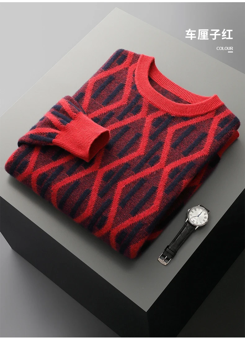 Men's 100% merino wool autumn and winter new round neck cashmere pullover thickened warm solid color high-end sweater long sleev - Afbeelding 7