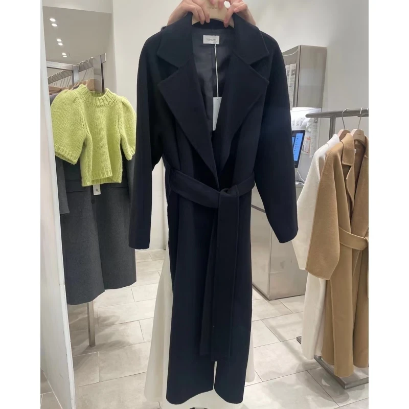 Vrouwen Elegante Lange Wollen Jas met Riem Herfst Winter Nieuwe Mode Effen Revers Lange Mouw Chic Bovenkleding Dames Casual Overjas - Afbeelding 9