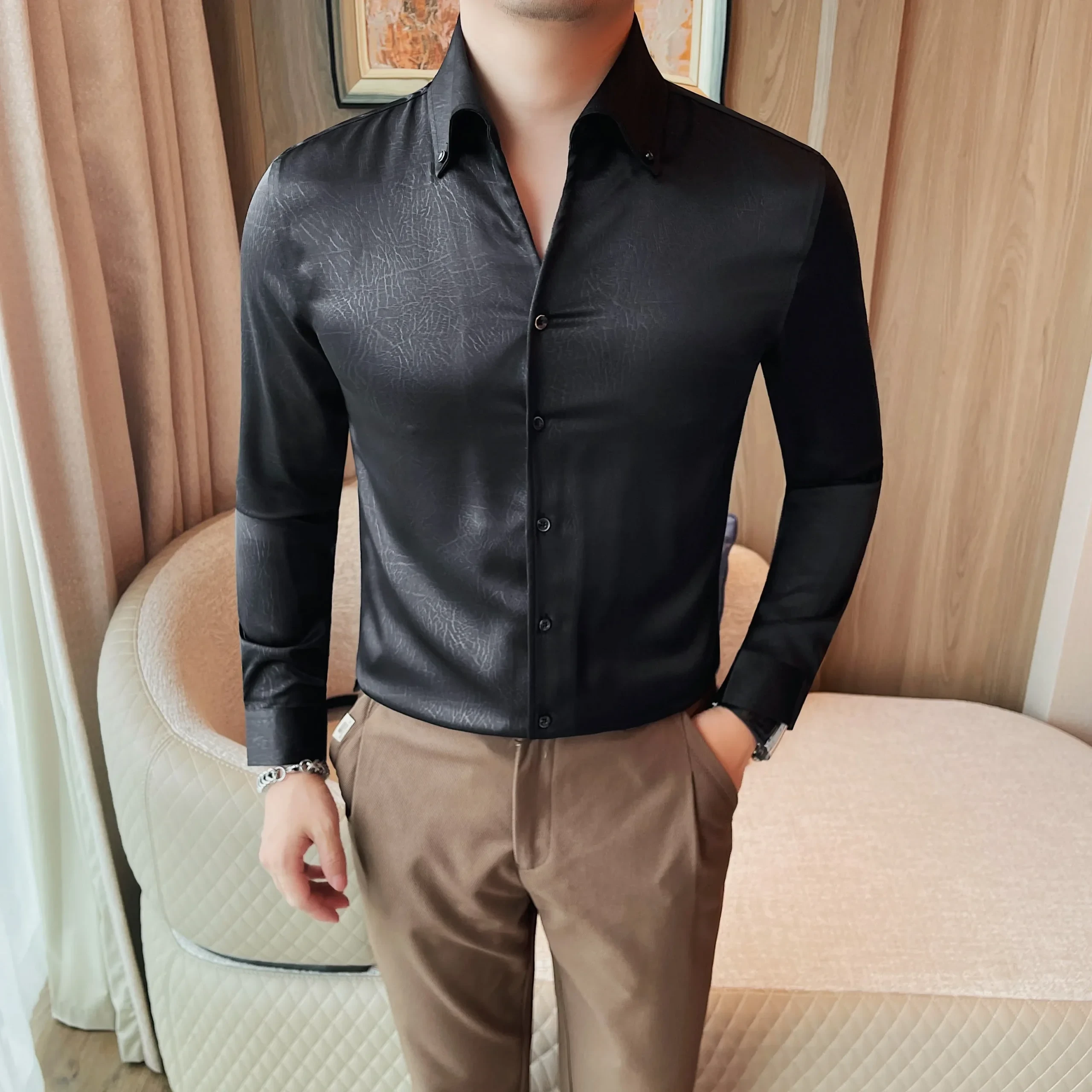 Men Long Sleeved Shirt 2024 Autumn New British Style Solid Casual Elastic Slim Fit Formal dress shirt High-quality Men Clothing - Afbeelding 7