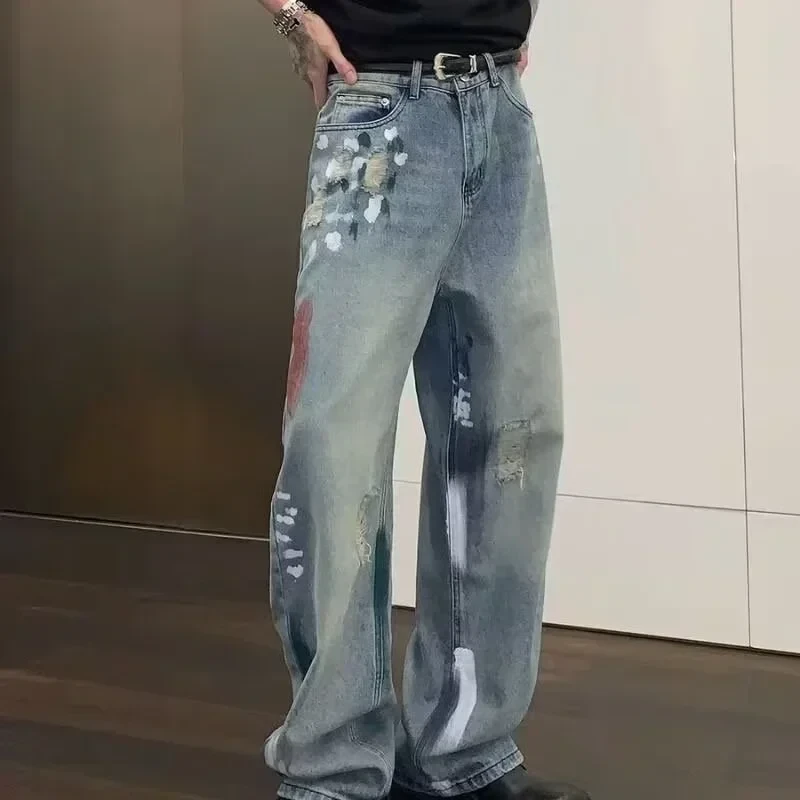 Autumn Men's Graffiti Y2K Streetwear Baggy Jeans Hip Hop Fashion Ripped Blue Denim Trousers Punk Straight jean pantalones hombre - Afbeelding 3