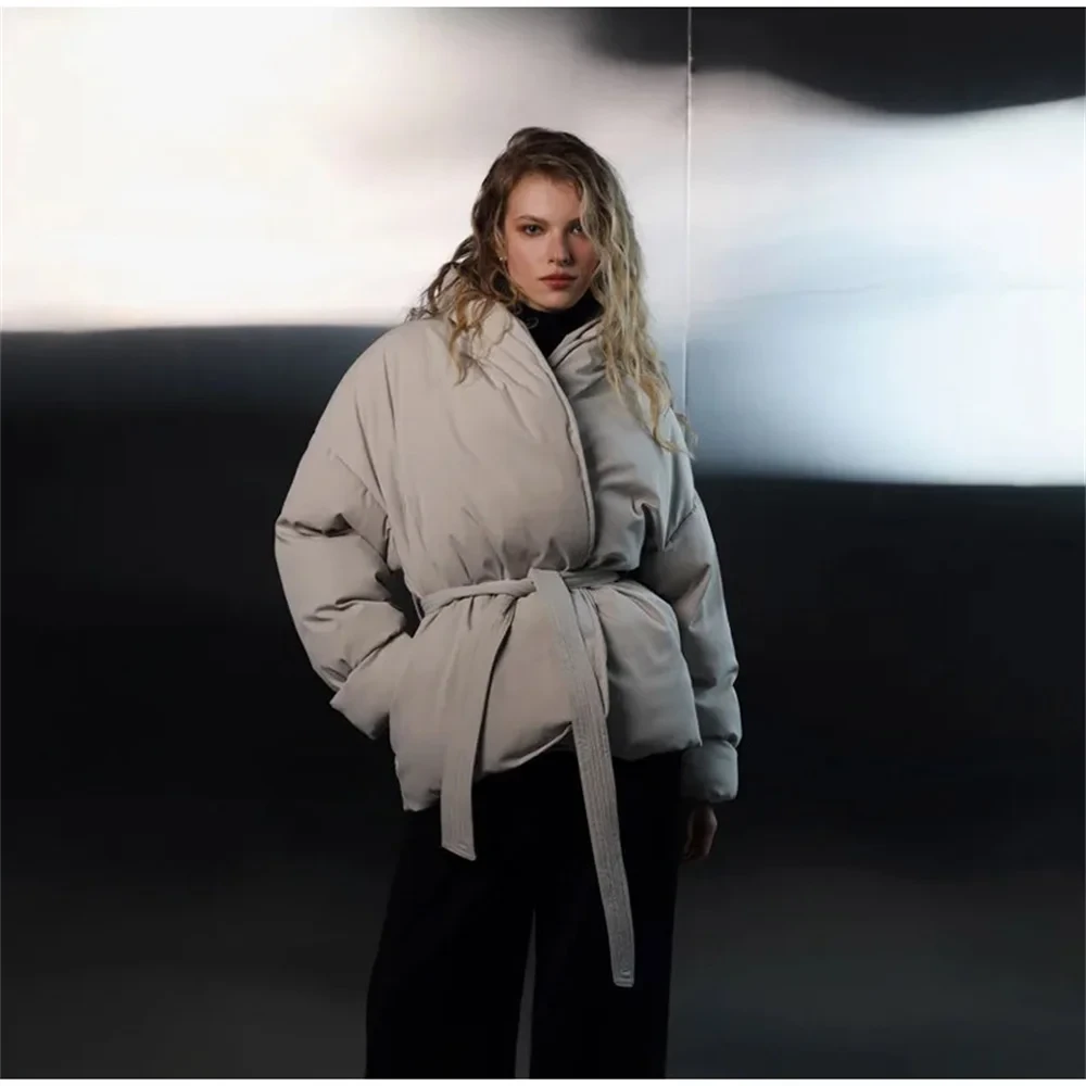 Elegant Wine Red Belt Cotton Padded Coat Women Winter Solid Stand Collar Long Sleeve Thicken Jacket Office Lady Commuter Outwear - Afbeelding 5