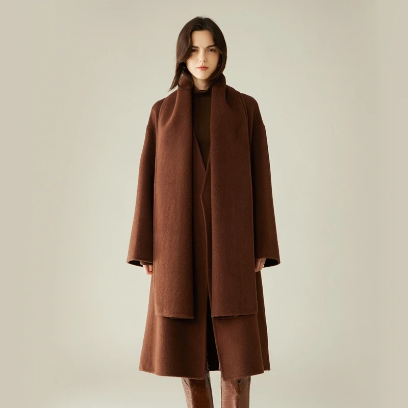 High-End Damesjas met Sjaal 30% Kameelwol Dubbelzijdig 70% Wollen Jas Lange Herfst en Winter Warme V-hals Dameskleding - Afbeelding 6