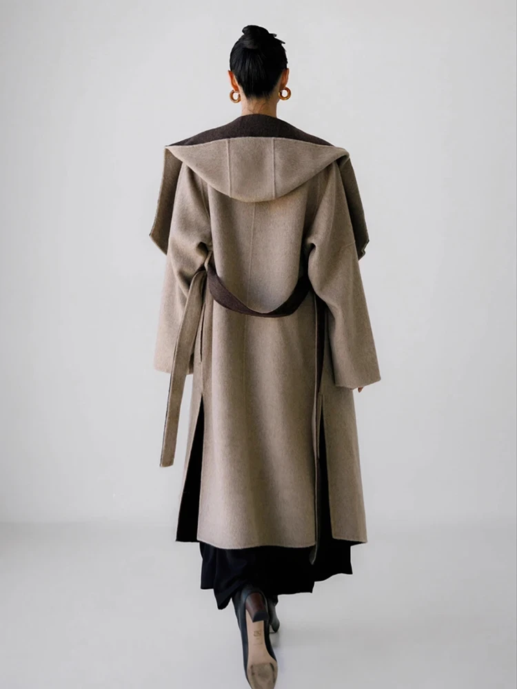 Kantoor Dame Hooded Wollen Jassen 2024 Herfst En Winter Badjas Stijl Losse relaxt Vetersluiting Stropdas Dames Lange Wollen Jassen - Afbeelding 5