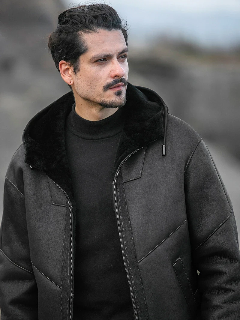 Original Sheepskin Fur Integrated Coat Men's Hooded Fur Jacket Short Casual Winter Mens Leather Jackets Thick Male Clothing FCY - Afbeelding 5