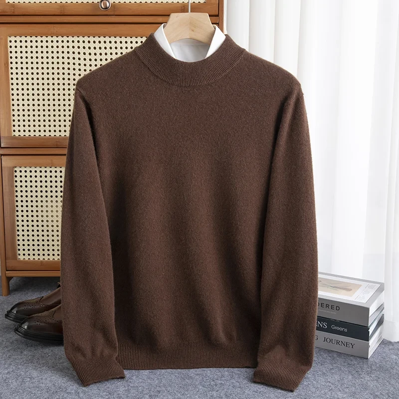 Autumn and winter 100% pure wool men's padded half-height slim bottoming pullover long-sleeved knitted cashmere sweater - Afbeelding 5