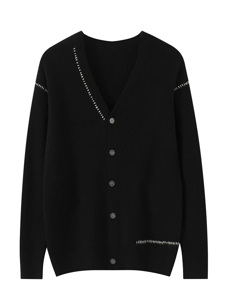 Aliselect Men V-neck Wool Cardigan Smart Casual Long Sleeve Cashmere Sweater Autumn Winter 100% Merino Wool Knitwear Basic Cloth - Afbeelding 6