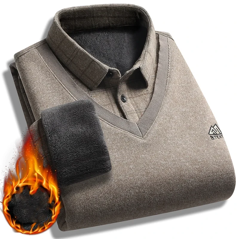 Autumn Winter Men's Fake Two Pieces Pullovers Long Sleeve Sweater Shirts V Neck Fleece Embroidery Thick Warm Knit Casual Wear - Afbeelding 8