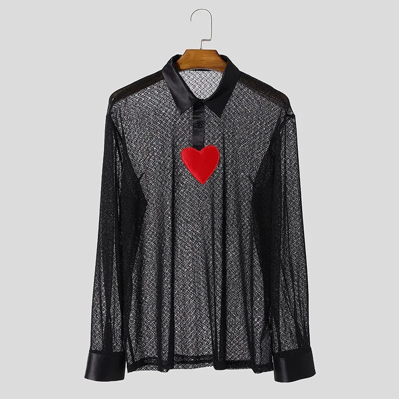 Sexy Stylish Style Tops INCERUN 2025 Men's Hollowed Love Pattern Shirt Party Show Male All-match Lapel Long Sleeved Blouse S-5XL - Afbeelding 7