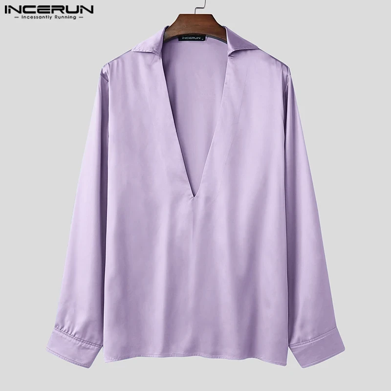 Fashion Casual Style Tops INCERUN 2024 Men's Deconstructive Design Satin Shirts Sexy Solid Personality Long Sleeved Blouse S-5XL - Afbeelding 4