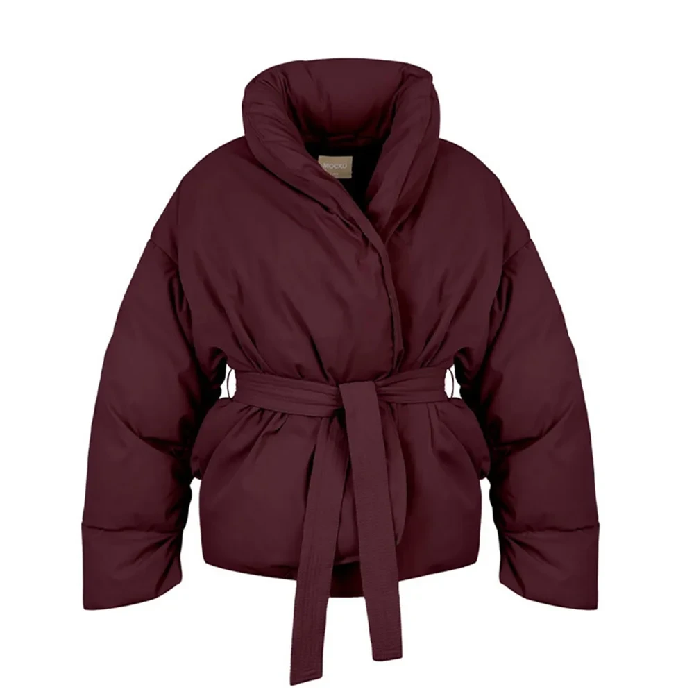 Elegant Wine Red Belt Cotton Padded Coat Women Winter Solid Stand Collar Long Sleeve Thicken Jacket Office Lady Commuter Outwear - Afbeelding 7