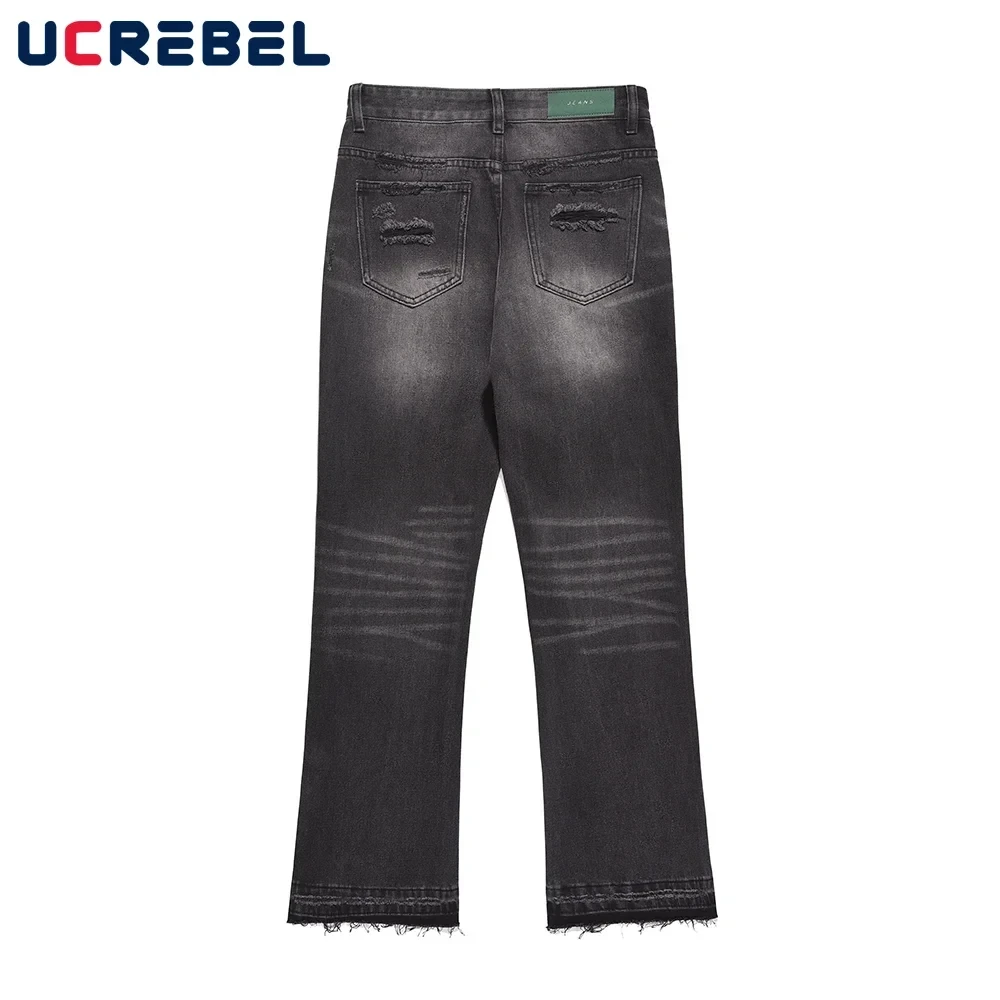 Retro Washed Black Ripped Hole Jeans Mens High Street Raw Edge Straight-leg Flared Pants Men - Afbeelding 2