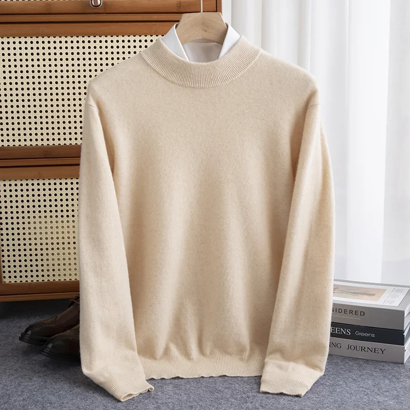 Autumn and winter 100% pure wool men's padded half-height slim bottoming pullover long-sleeved knitted cashmere sweater - Afbeelding 12