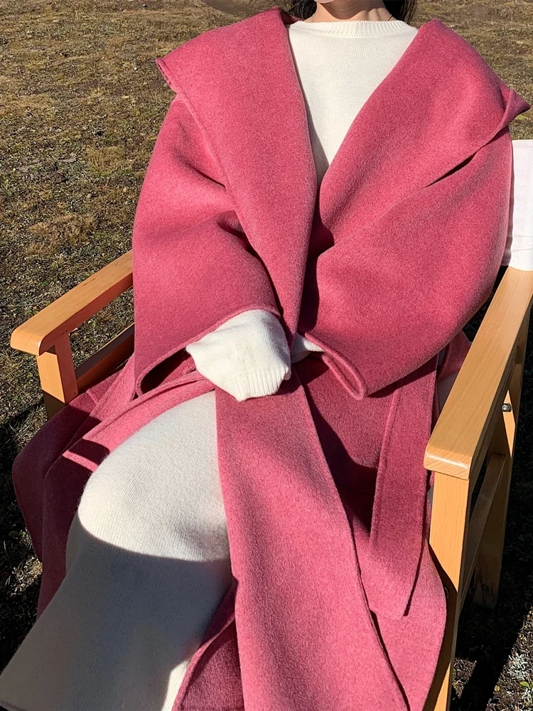 Vintage elegante dubbelzijdige kasjmier jas dames herfst winter 2023 nieuwe hoge kwaliteit capuchon verdikte grote maat losse wollen jas - Afbeelding 5