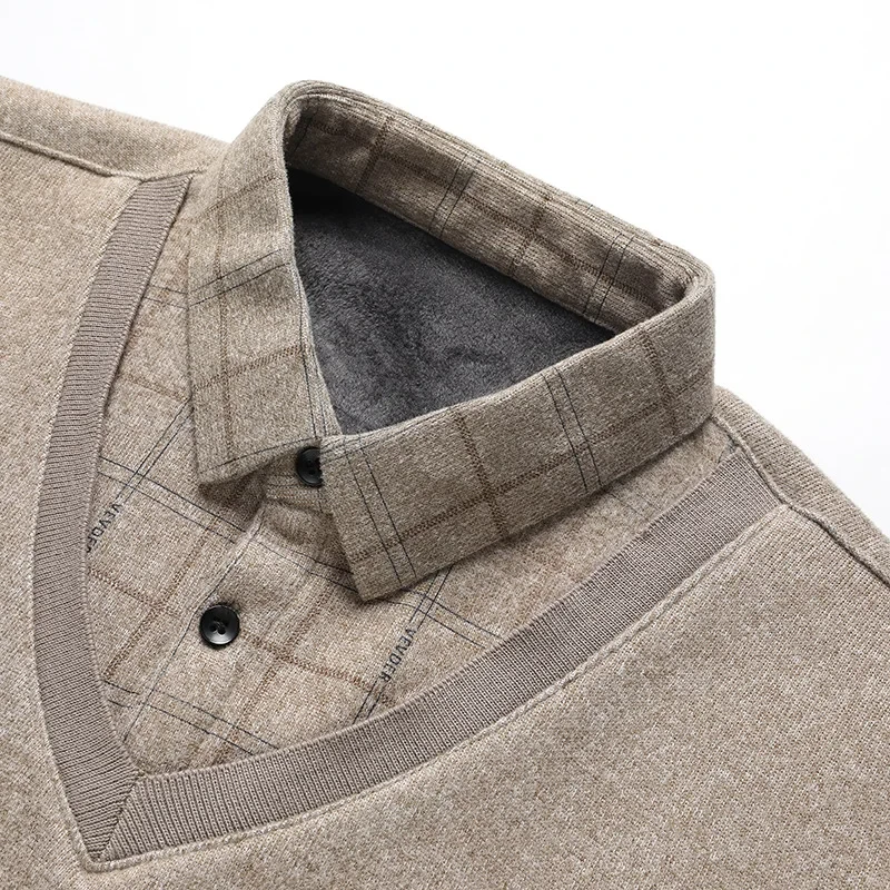 Autumn Winter Men's Fake Two Pieces Pullovers Long Sleeve Sweater Shirts V Neck Fleece Embroidery Thick Warm Knit Casual Wear - Afbeelding 3
