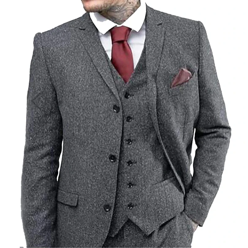 3 Piece Wool Tweed Herringbone Men Suit for Winter Groom Wedding Tuxedo Man Fashion Clothes Formal Suits Jacket Vest Pants Set - Afbeelding 2