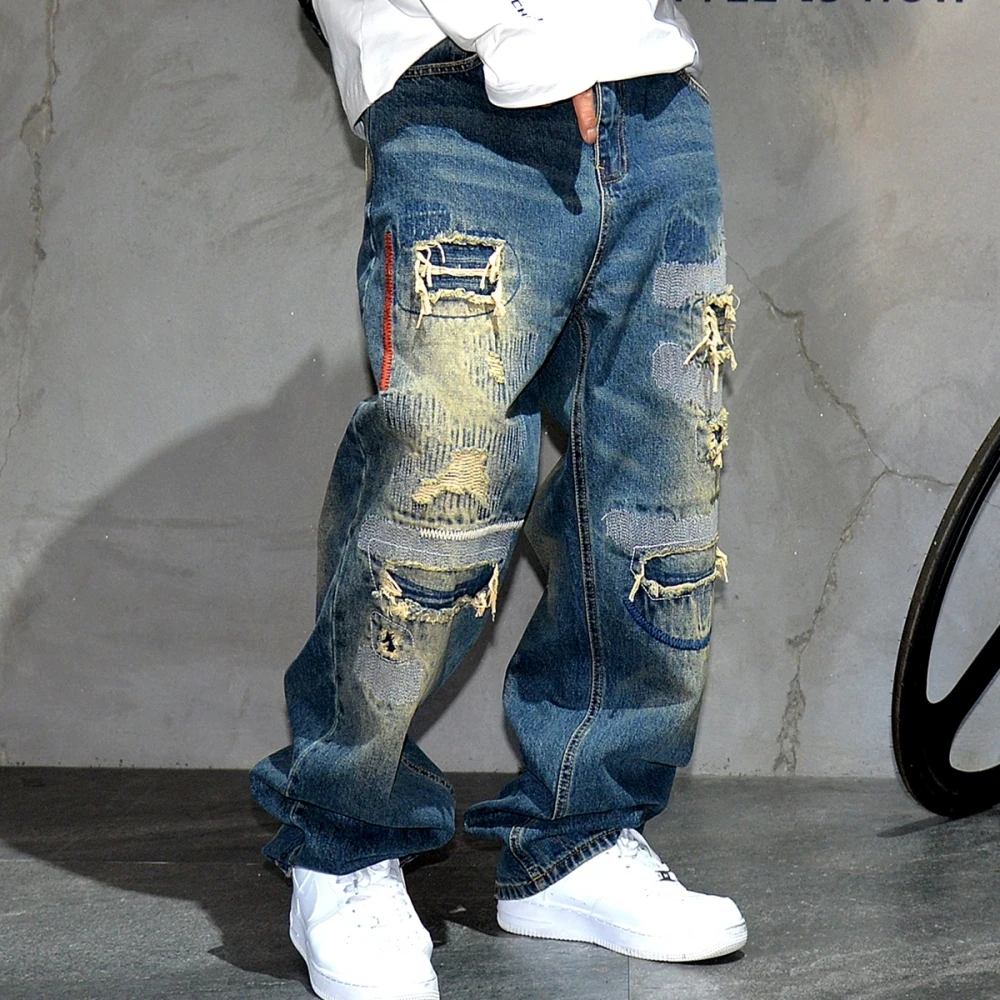 American Streetwear Ripped Patch Jeans Hip Hop Baggy Jeans Mens Clothing Vintage Denim Cargo Pants Japanese Harajuku Trousers - Afbeelding 4