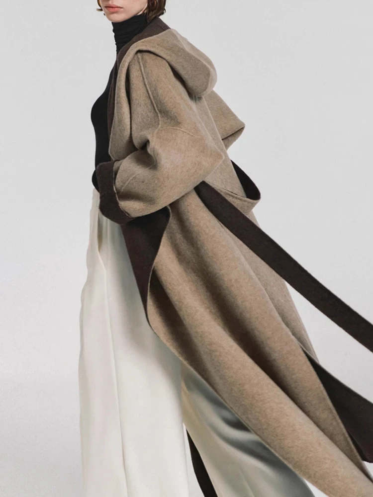 Kantoor Dame Hooded Wollen Jassen 2024 Herfst En Winter Badjas Stijl Losse relaxt Vetersluiting Stropdas Dames Lange Wollen Jassen - Afbeelding 3