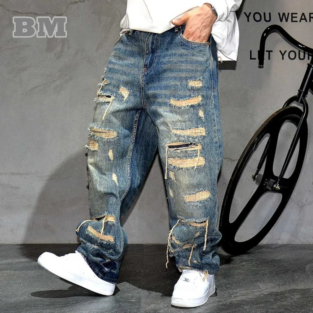 American Streetwear Hand Sewn Patch Ripped Jeans For Men Skateboard Baggy Denim Straight Leg Pants Harajuku Fashion Trousers - Afbeelding 3