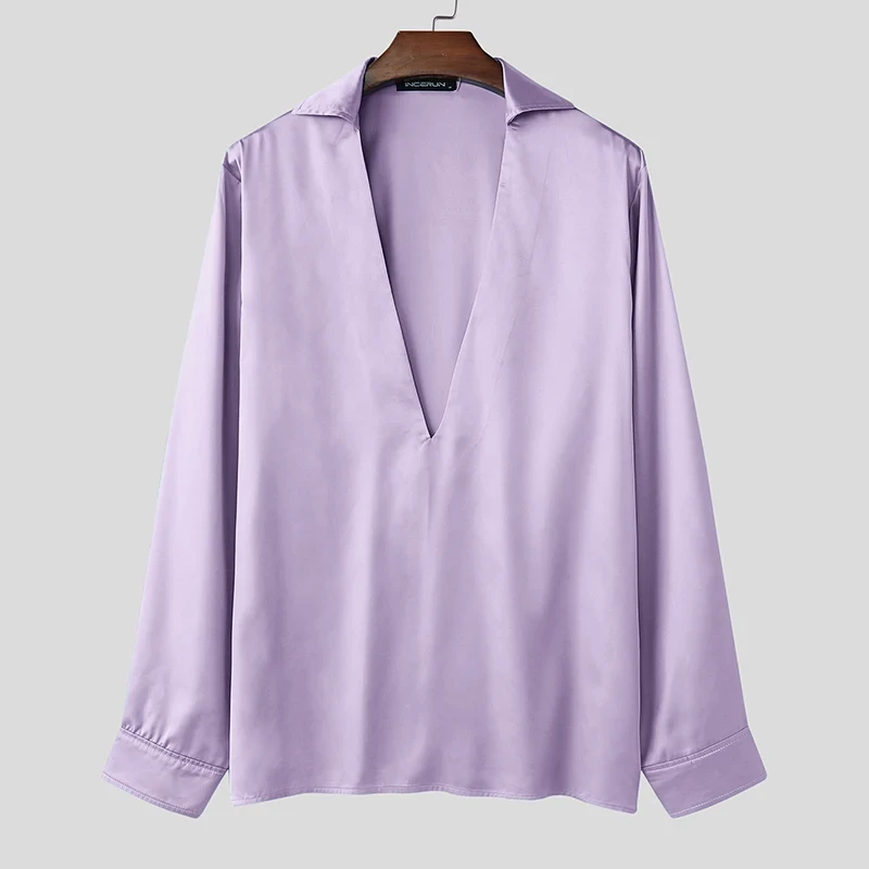 Fashion Casual Style Tops INCERUN 2024 Men's Deconstructive Design Satin Shirts Sexy Solid Personality Long Sleeved Blouse S-5XL - Afbeelding 7