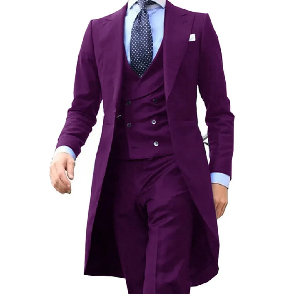 New Arrive Long Coat Designs Burgundy Men Suit Gentle Male Set Tuxedo Prom Blazer Custom Fashion 3 Pieces (Jacket+vest+Pants) - Afbeelding 3