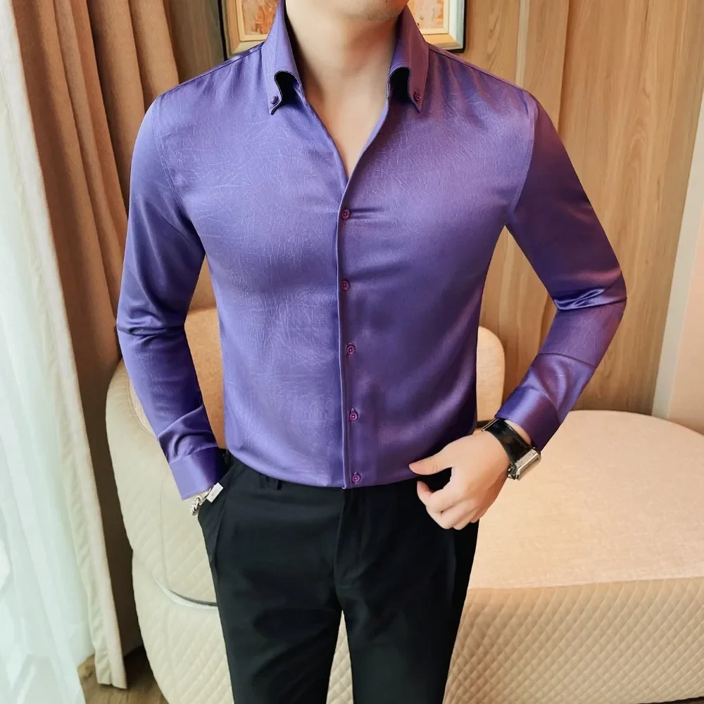 Men Long Sleeved Shirt 2024 Autumn New British Style Solid Casual Elastic Slim Fit Formal dress shirt High-quality Men Clothing - Afbeelding 4