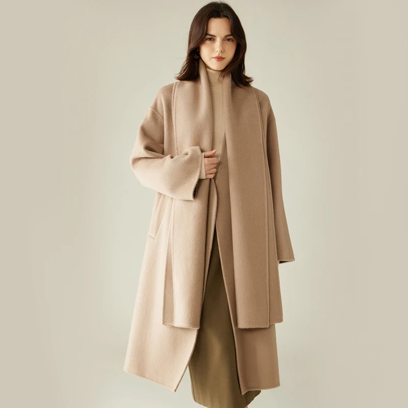 High-End Damesjas met Sjaal 30% Kameelwol Dubbelzijdig 70% Wollen Jas Lange Herfst en Winter Warme V-hals Dameskleding - Afbeelding 9