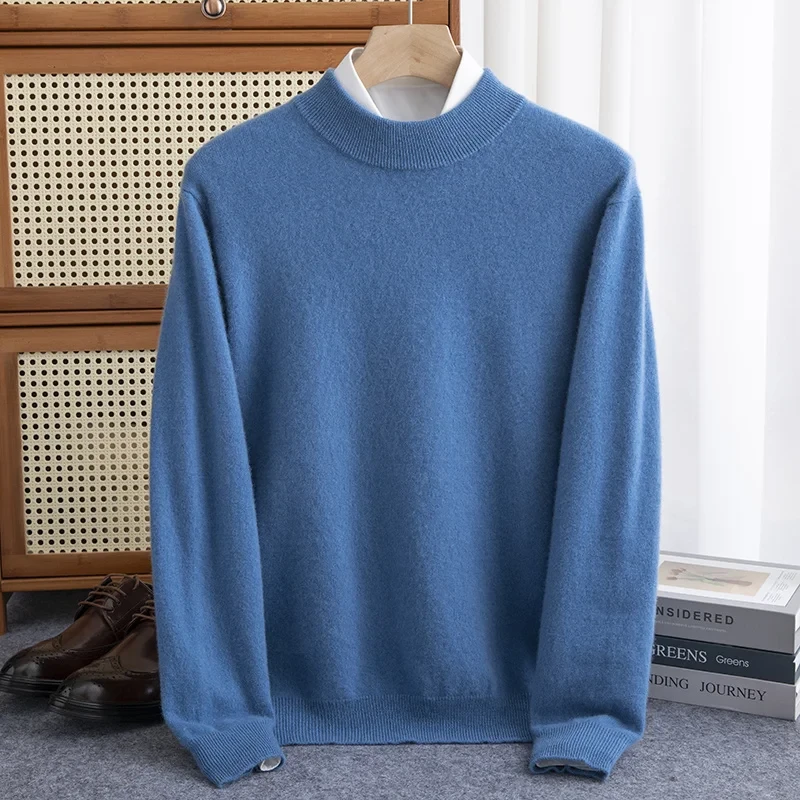 Autumn and winter 100% pure wool men's padded half-height slim bottoming pullover long-sleeved knitted cashmere sweater - Afbeelding 8