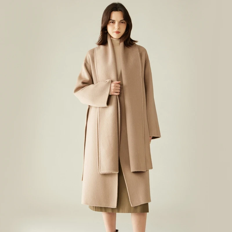 High-End Damesjas met Sjaal 30% Kameelwol Dubbelzijdig 70% Wollen Jas Lange Herfst en Winter Warme V-hals Dameskleding - Afbeelding 4