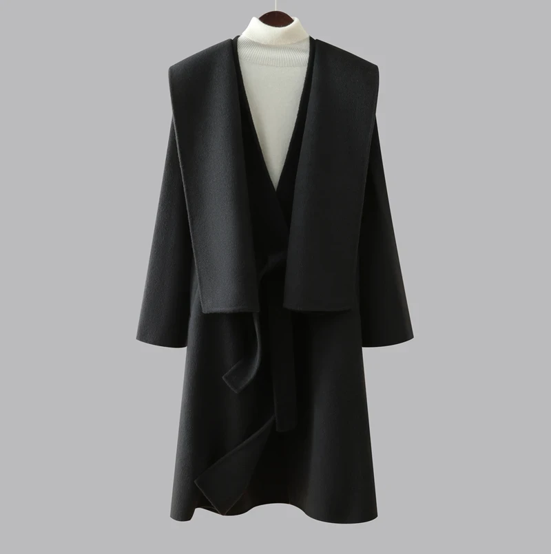 High-End Damesjas met Sjaal 30% Kameelwol Dubbelzijdig 70% Wollen Jas Lange Herfst en Winter Warme V-hals Dameskleding - Afbeelding 2