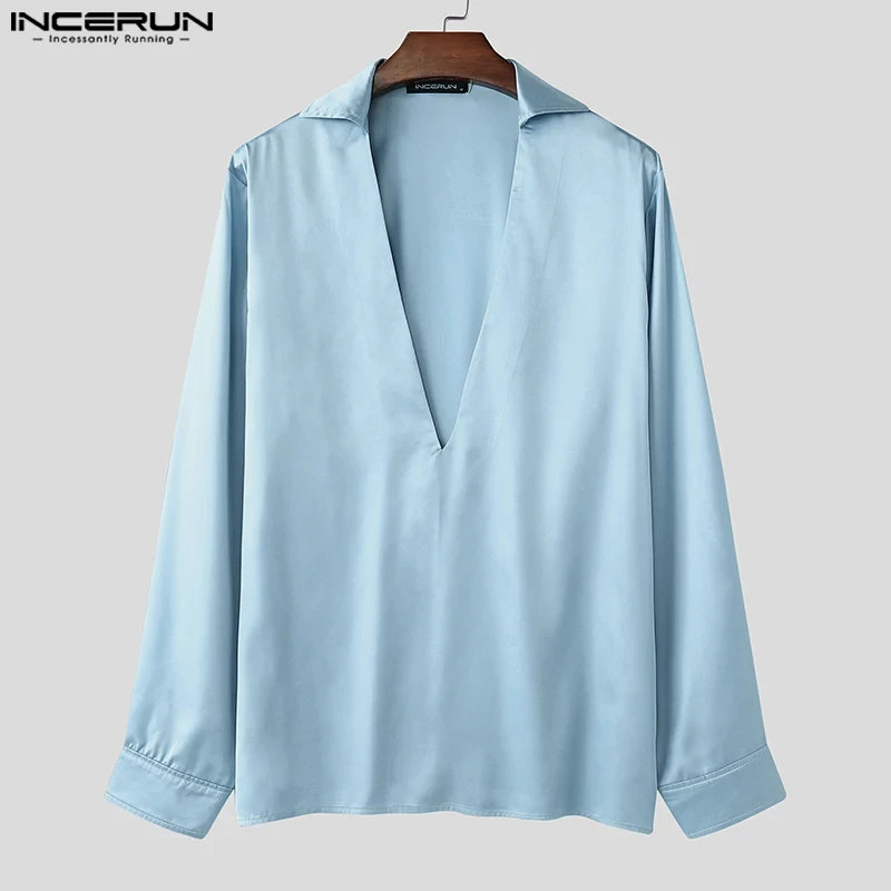 Fashion Casual Style Tops INCERUN 2024 Men's Deconstructive Design Satin Shirts Sexy Solid Personality Long Sleeved Blouse S-5XL - Afbeelding 5