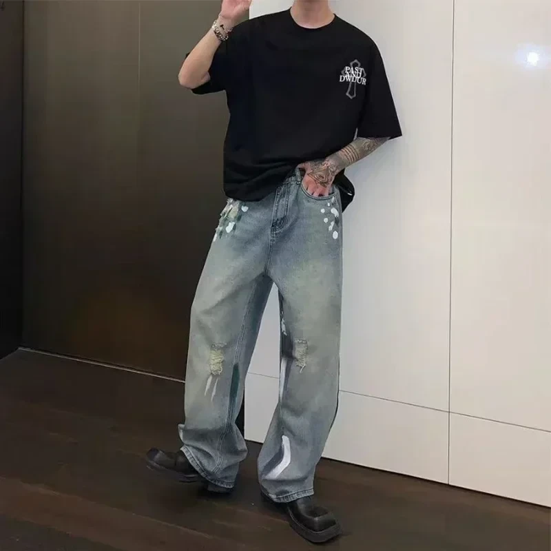 Autumn Men's Graffiti Y2K Streetwear Baggy Jeans Hip Hop Fashion Ripped Blue Denim Trousers Punk Straight jean pantalones hombre - Afbeelding 4