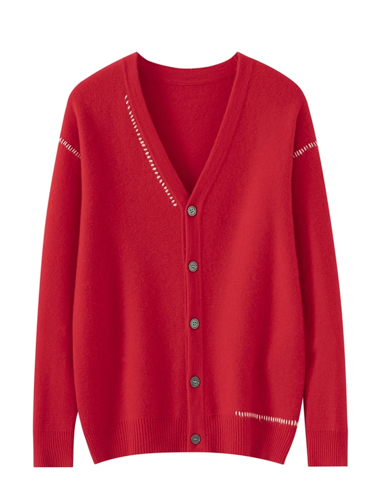 Aliselect Men V-neck Wool Cardigan Smart Casual Long Sleeve Cashmere Sweater Autumn Winter 100% Merino Wool Knitwear Basic Cloth - Afbeelding 5