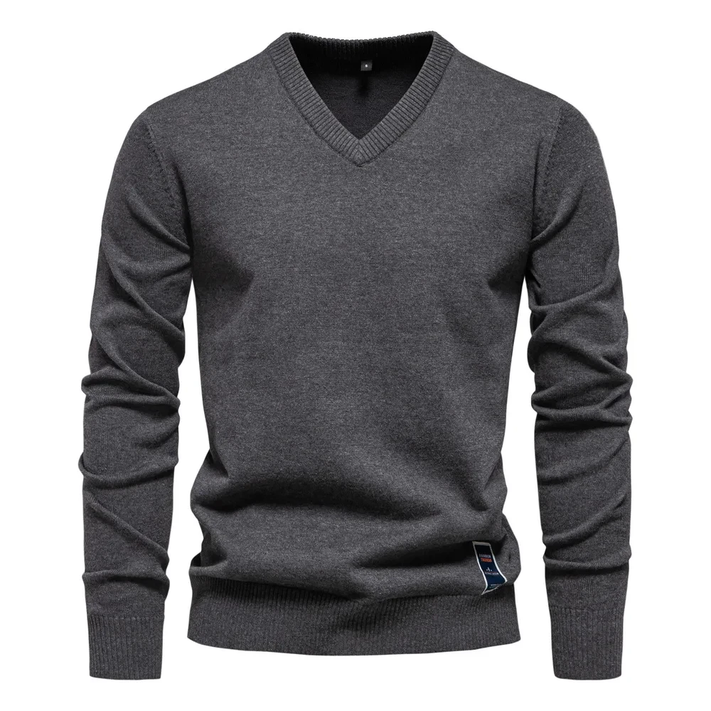 2025 Cotton Sweater Pullover Men's V-neck Solid Color Long Sleeve Men Knitting Clothing Warm Sweaters Men Casual Fashion Tops - Afbeelding 3