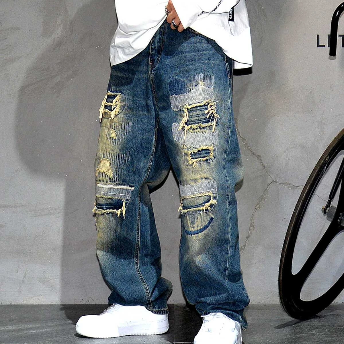 American Streetwear Ripped Patch Jeans Hip Hop Baggy Jeans Mens Clothing Vintage Denim Cargo Pants Japanese Harajuku Trousers - Afbeelding 3
