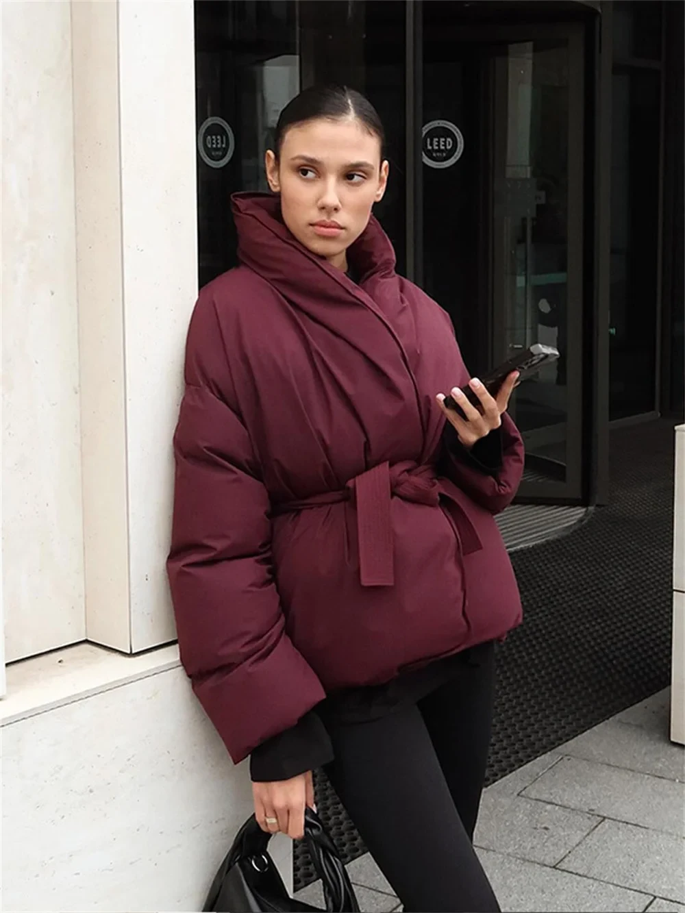 Elegant Wine Red Belt Cotton Padded Coat Women Winter Solid Stand Collar Long Sleeve Thicken Jacket Office Lady Commuter Outwear - Afbeelding 2