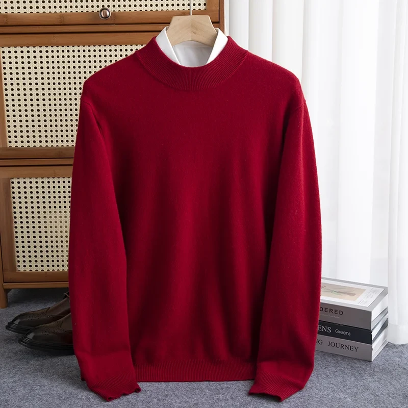 Autumn and winter 100% pure wool men's padded half-height slim bottoming pullover long-sleeved knitted cashmere sweater - Afbeelding 2