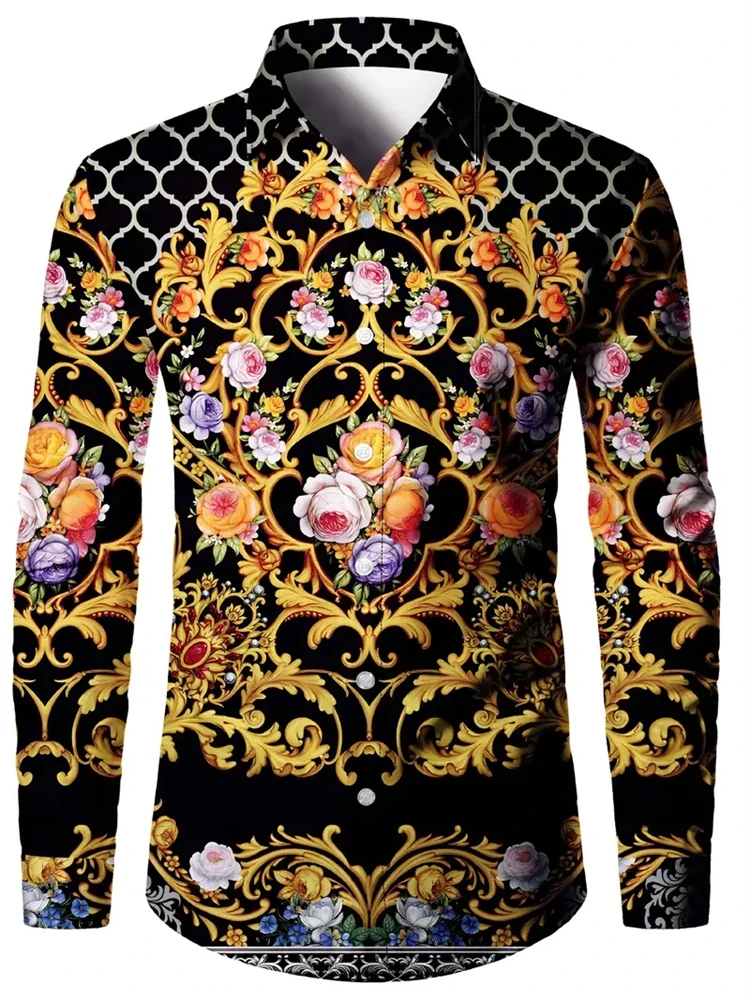 New Retro Men's Lapel Shirt Men's Exquisite Ethnic Print Slim Shirt New Fall Fashion Office Long-sleeved Blouse Elegant Shirt - Afbeelding 14