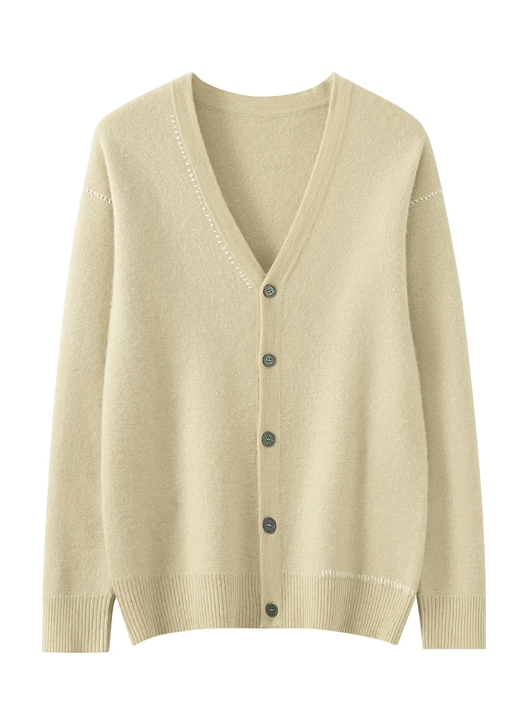 Aliselect Men V-neck Wool Cardigan Smart Casual Long Sleeve Cashmere Sweater Autumn Winter 100% Merino Wool Knitwear Basic Cloth - Afbeelding 4